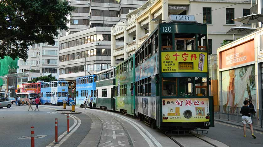 A queue of Hong Kong's iconic double-decker trams