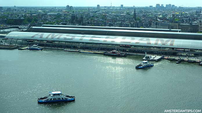 Bird's eye view of the ferry as it crosses the IJ river